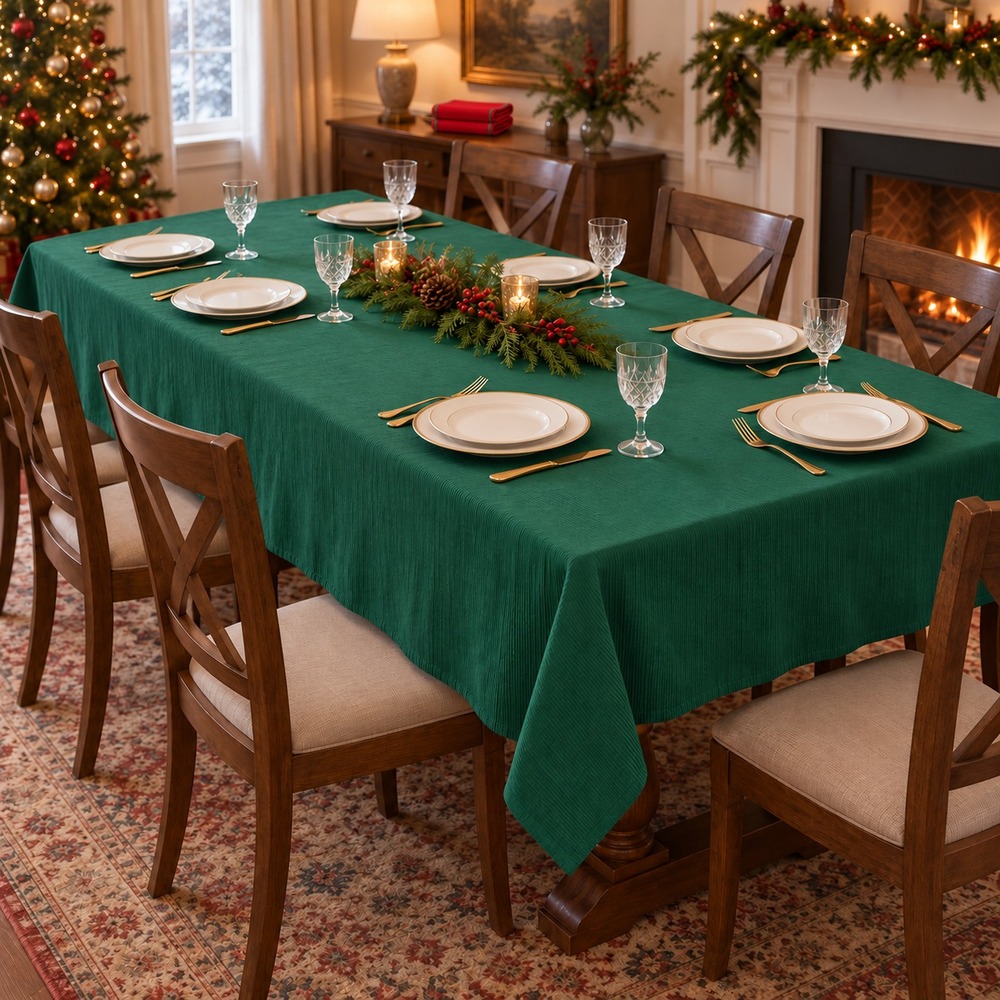 Large Christmas Tablecloth 118x88 Green Ribbed with 3 Red Napkins Holiday